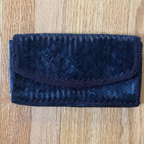 Vintage Beaded Black Envelope Clutch by Dayne Taylor Chevron Design Snap Closure - Picture 1 of 8